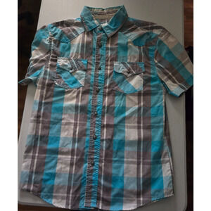 Ditch Plains Mens Large Blue Plaid Short Sleeve Cotton Pearl Snap Western Shirt